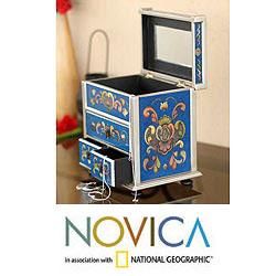 Painted Glass 'Azure Heart' Chest of Drawers (Peru) Novica Jewelry Boxes