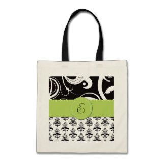 Monogram   Damask, Swirls   Black White Green Tote Bag