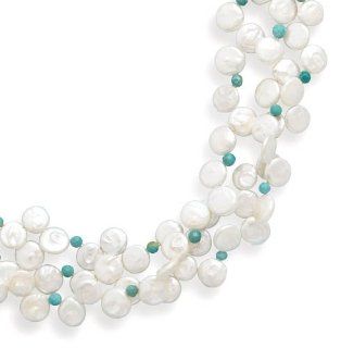 CleverSilver's 16 Inch Triple Strand Coin Pearl And Turquoise Bead Necklace Pendant Necklaces Jewelry