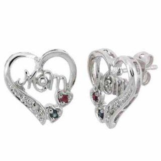 Sterling Silver Sapphire and Ruby with Diamond Accent Open Heart MOM Earrings Stud Earrings Jewelry