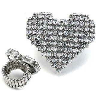 Silver Tone Rhinestone Heart Stretch Ring Right Hand Rings Jewelry