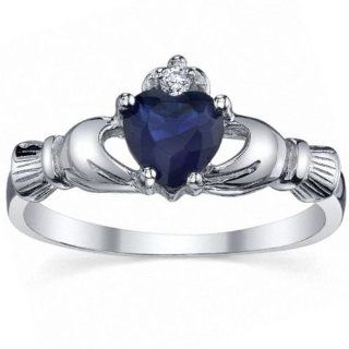 Corrine 0.765ct Heart cut created Blue Sapphire Promise Friendship Engagement Dublin Claddagh Ring 925 Sterling Silver (avail. in sizes 4 thru 11.25) Jewelry