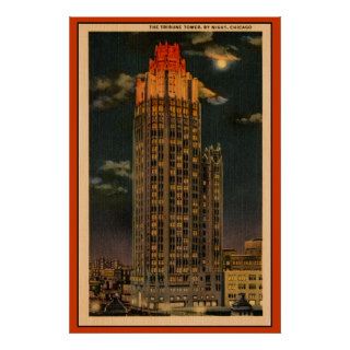 Vintage The Tribune Tower By Night Chicago Poster