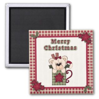 Cute Christmas Plaid Pattern Border & Teddy Bear Fridge Magnet
