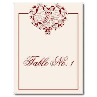 Love in Any Language in Red Table Number Postcards
