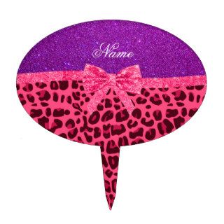 Custom name purple glitter pink leopard bow cake pick