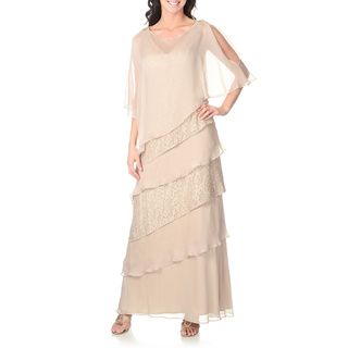 Ignite Women's Champagne Lace Tiered Gown with Sheer Poncho Ignite Evening & Formal Dresses