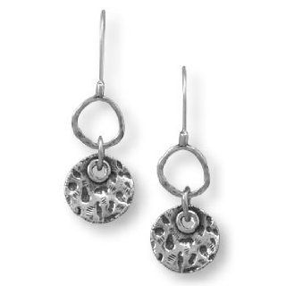 Textured Circle Drop Artisan Disc Earrings Antiqued Sterling Silver Dangle Earrings Jewelry