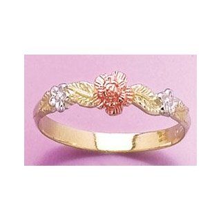 14k Gold Fashion Trend Ring, Flower With Leaf & Flower Sides Tri color Jewelry