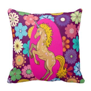 Colorful Mystical Unicorn on Pink Purple Flowers Throw Pillow