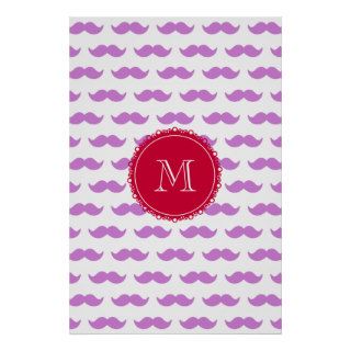 Lilac Mustache Pattern, Red White Monogram Poster
