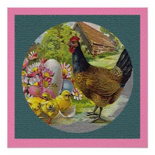 Easter Vintage Hen and Chicks Textured Poster