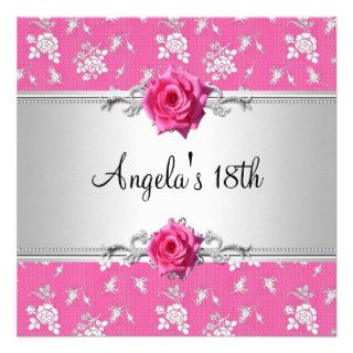 18th Birthday Party Pink Silver White Roses Custom Announcements