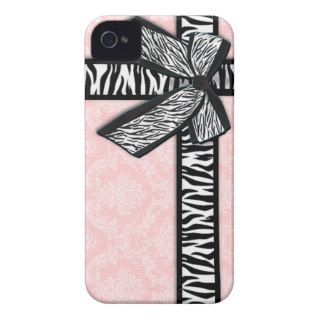 Girly zebra ribbon & bow, pink damask print iPhone 4 covers