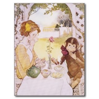 Illustration of a Girl and a Monkey Having Tea Post Cards