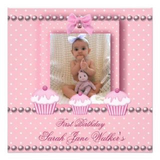 1st Birthday Girl Pink Cupcakes White Pearl Baby Invitation