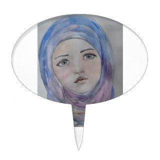 portrait watercolor girl, hijab , veil ,muslim cake pick
