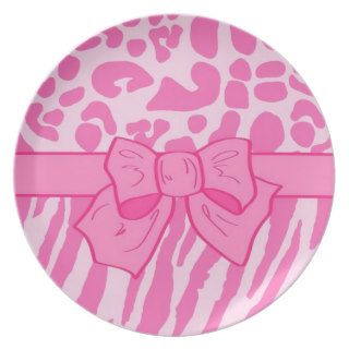 Girly Zebra Leopard Pattern Pink Ribbon Plates