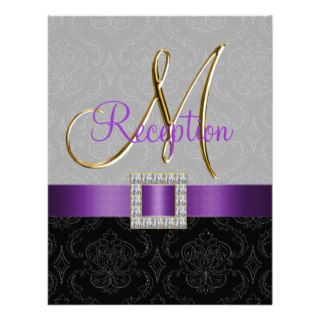 Purple Grey Black Damask Gold Reception Card