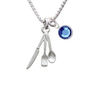Fork Knife and Spoon Charm Necklace with Sapphire Crystal Drop Pendant Necklaces Jewelry