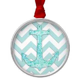 Aqua Glitter Nautical Anchor Teal chevron pattern Ornament