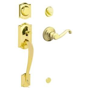 Schlage Camelot Bright Brass Dummy Handleset with Flair Interior Lever DISCONTINUED F393 CAM 605 FLA L