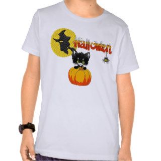 Halloween Cute Cat on Pumpkin, WItch on broom Tee Shirts