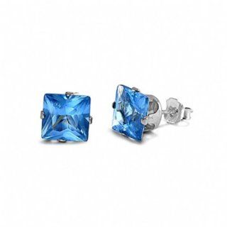 Sterling Silver Square Princess Cut 5mm December Blue Zircon Birthstone Stud Earrings Earrings Cubic Zirconia Square Blue Jewelry