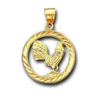 14K Yellow Gold Diamond Cut Rooster Gallo D.C Charm Pendant Jewelry