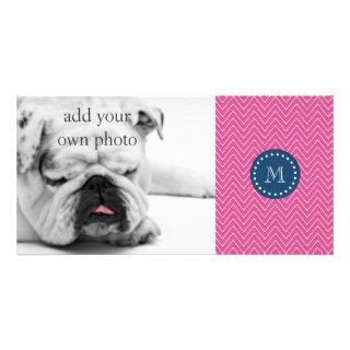 Navy Blue, Hot Pink Chevron Pattern, Your Monogram Picture Card