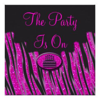 Pink & Black Zebra Glitter Birthday Personalized Announcements