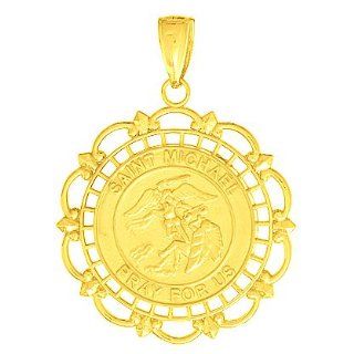 14k Gold Religious Necklace Charm Pendant, Saint Michael Medal In Lace Frame Million Charms Jewelry