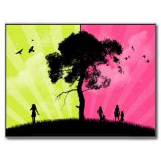 Modern Art   Green and Pink Sky With Tree Postcard