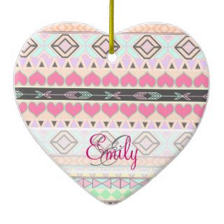 Monogram Pastel Andes Abstract Aztec Pink Hearts Ornaments