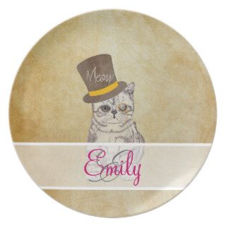 Monogram Funny Cat Sketch Monocle and Top Hat Party Plate