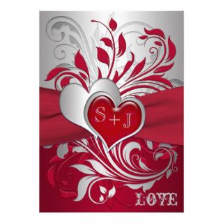 Red, Silver Scrolls, Hearts Wedding Invitation