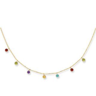 16" 14K White Gold 1.1mm (0.04") Cable Chain Link w/ Multi Color Round Faceted Stone Necklace w/ Spring Ring Clasp Jewelry