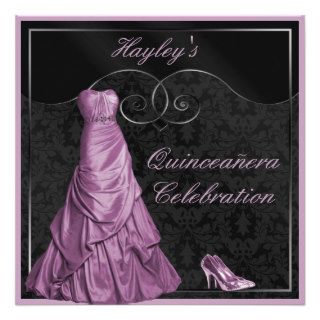 Glamorous Purple Ball Gown Black Quinceanera Personalized Invites