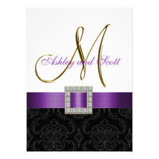 Purple Black Damask Initial Wedding Invite