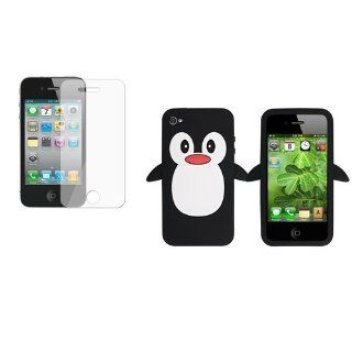 CommonByte Penguin Black Silicone Soft Case+MATTE Screen Protector For iPhone 4 4G Gen 4S Cell Phones & Accessories