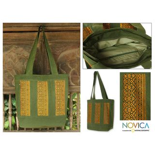 Cotton 'Golden Lanna' Medium Tote Bag (Thailand) Novica Tote Bags