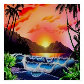 Tropical Trees And Waves During An Island Sunset Print