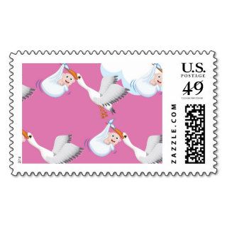 Stork carrying new born baby postage stamps