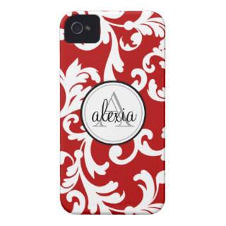 Cherry Red Monogrammed Damask Print iPhone 4 Case