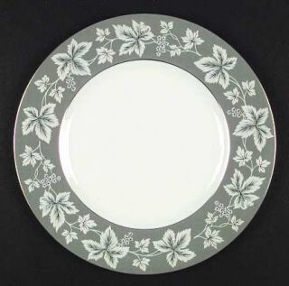 Wedgwood Moselle Gray Dinner Plate, Fine China Dinnerware   Gray Rim,White Leave