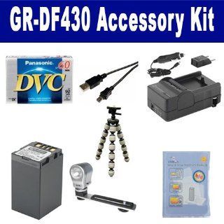 JVC GR DF430 Camcorder Accessory Kit includes ZELCKSG Care & Cleaning, GP 22 Tripod, DVTAPE Tape/ Media, SDBNVF733 Battery, SDM 115 Charger, USB5PIN USB Cable, ZE VLK18 On Camera Lighting  Digital Camera Accessory Kits  Camera & Photo