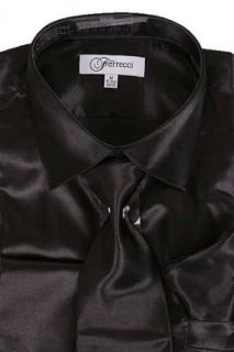 Men's Black Shiny Satin Dress Shirt w/ Matching Necktie & Pocket Square at  Men�s Clothing store