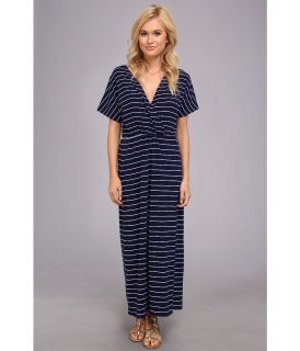 Ninety V Neck Stripe Dress w/ Cinch Waist Womens Dress (Blue)