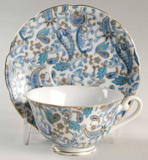 Lefton Blue Paisley Footed Cup & Saucer Set, Fine China Dinnerware   All Over Bl