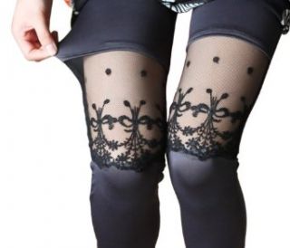 BlackTemptation Womens DNED9099 Black Lace Style Ninth Leggings Stockings Clothing
